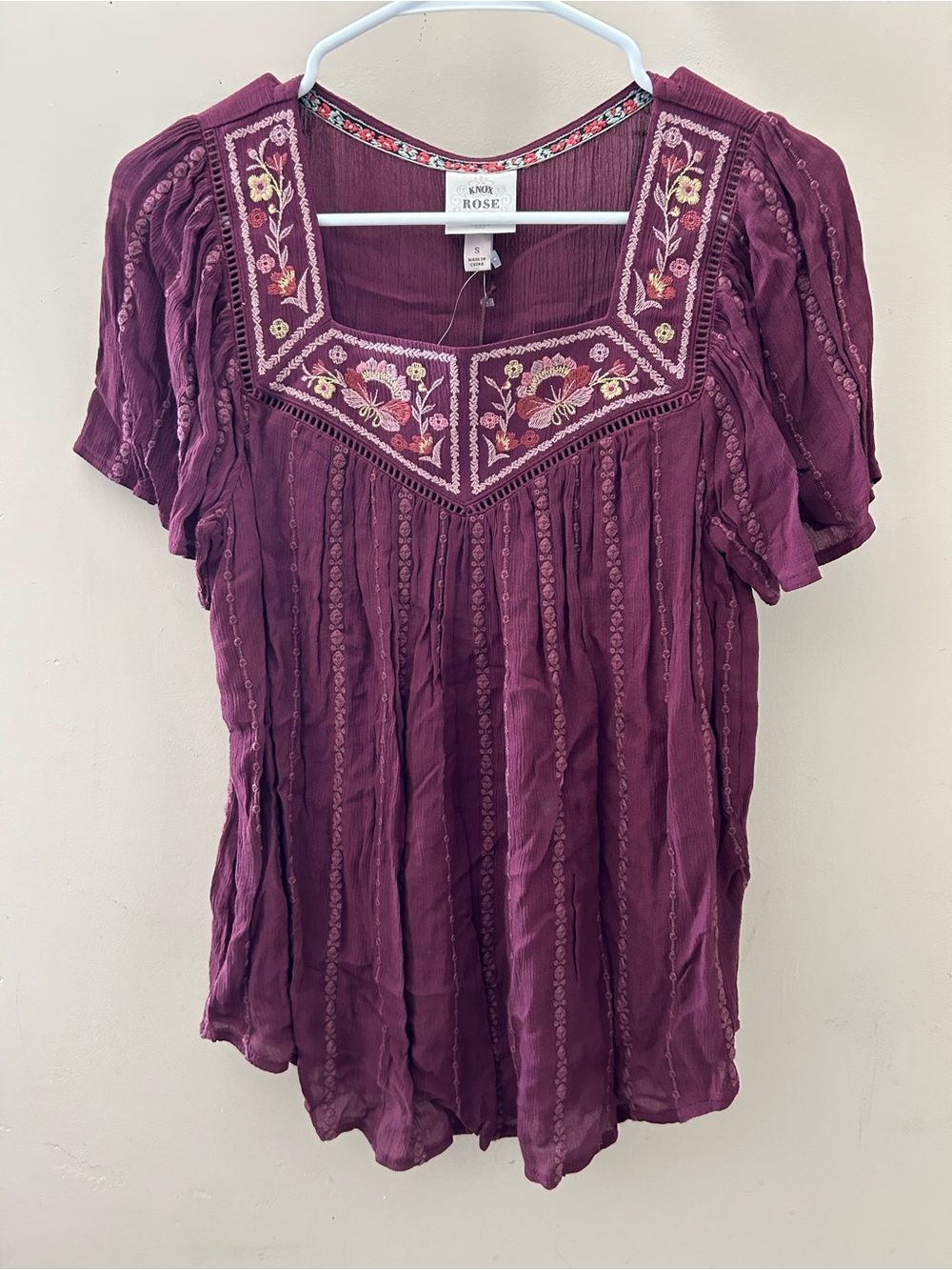 Knox Rose Plum Embroidered Square-Neck Peasant Top